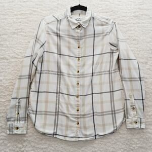 Blouse Button-Up Shacket Beige Plaid Flannel Brush Tom Boy Femme Cozy Size M